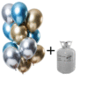 Helium cilinder + chrome/mirror Blue/Gold/Silver ballonnen 12 st.